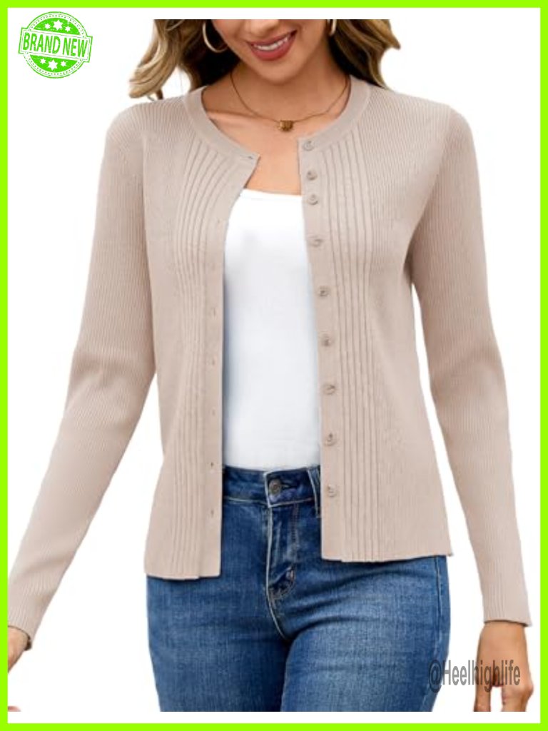 Women's Button Down Cardigan Long Sleeve Crewneck Knit Sweater Top